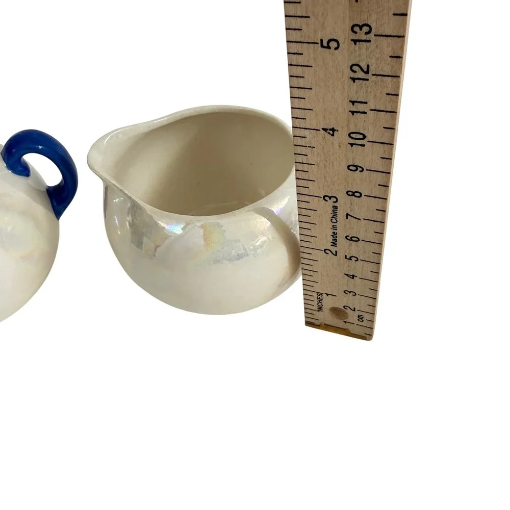 Vintage Czechoslovakia Lusterware Sugar Bowl Creamer Set Cobalt Blue Handles